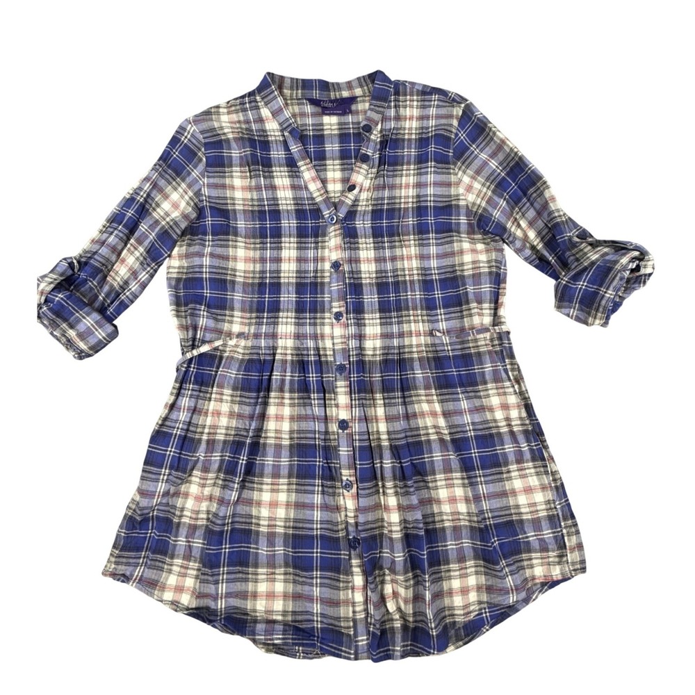 Miley Cyrus Max Azria Girls Blue Plaid Button Down Tunic Top Shirt Y2K Size L